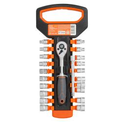 Набор головок 1/4" с трещоткой 72Т 22пр. (4-13мм, дюйм. размеры 5/32"-1/2", удл. 100мм) (ATAP054)
