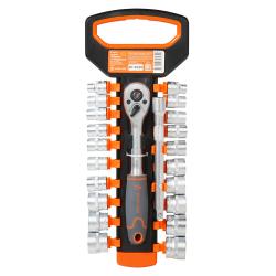 Набор головок 3/8" шестигранных с трещоткой 72Т 22пр. (8-21мм, 5/16"-7/8", удл. 150мм) (ATAQ019)